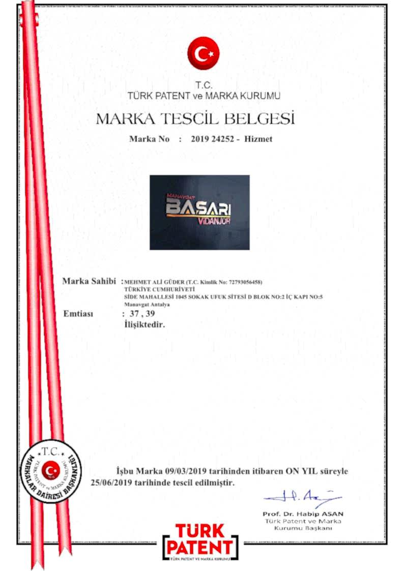 Manavgat Başarı Vidanjör T.C. Türk Patent ve Marka Kurumu Marka Tescil Belgesi - 2019/24252